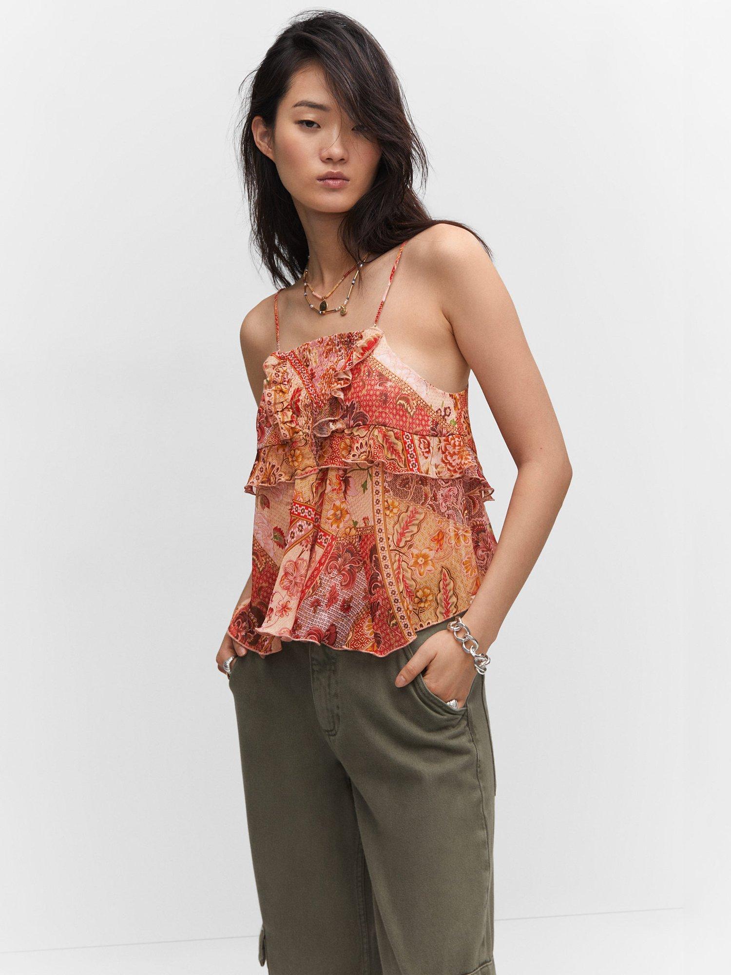 Mango Cuca Floral Frill Cami Top, Copper