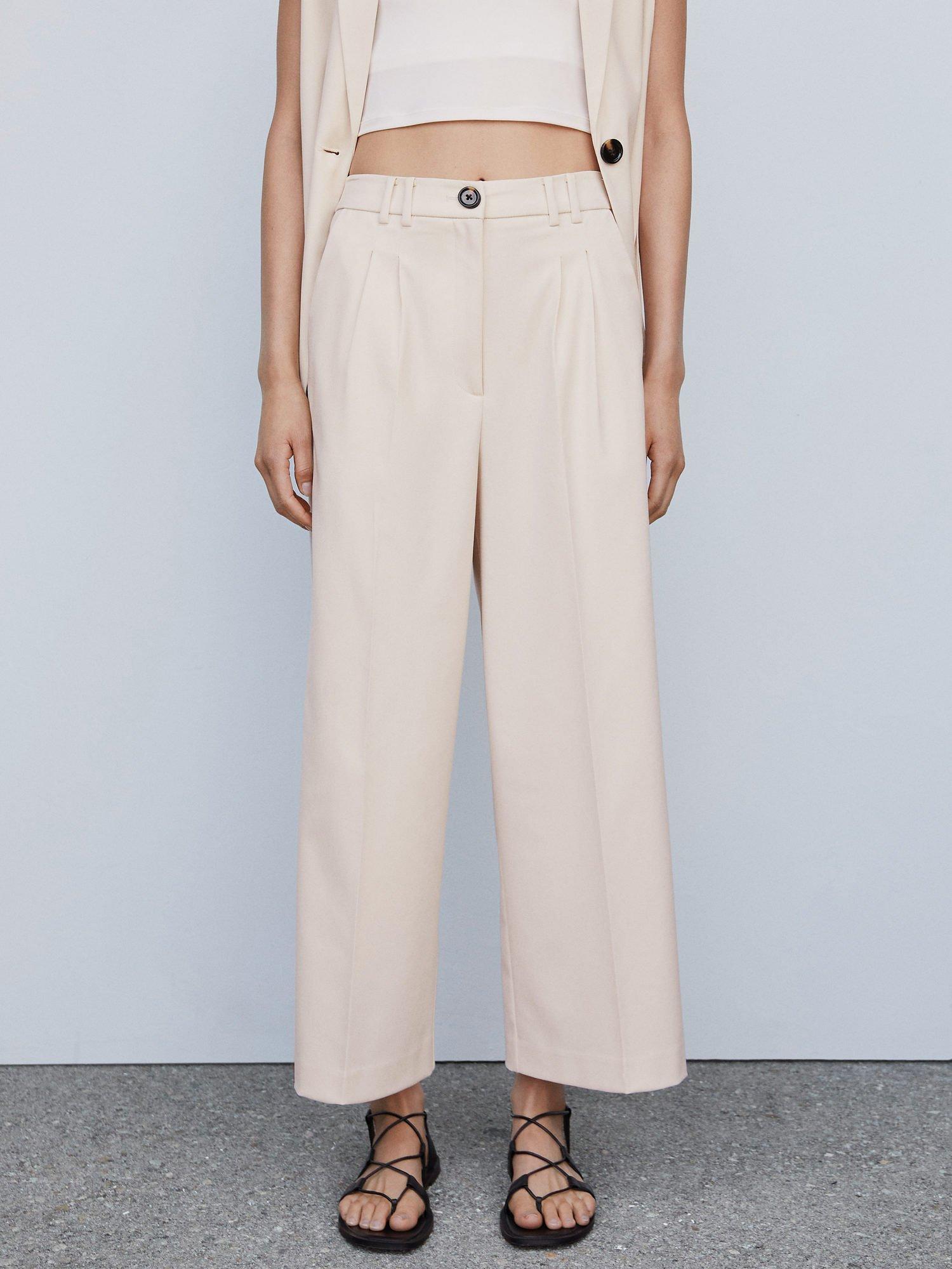 Mango Nala Pleated Culotte Trousers, Light Beige