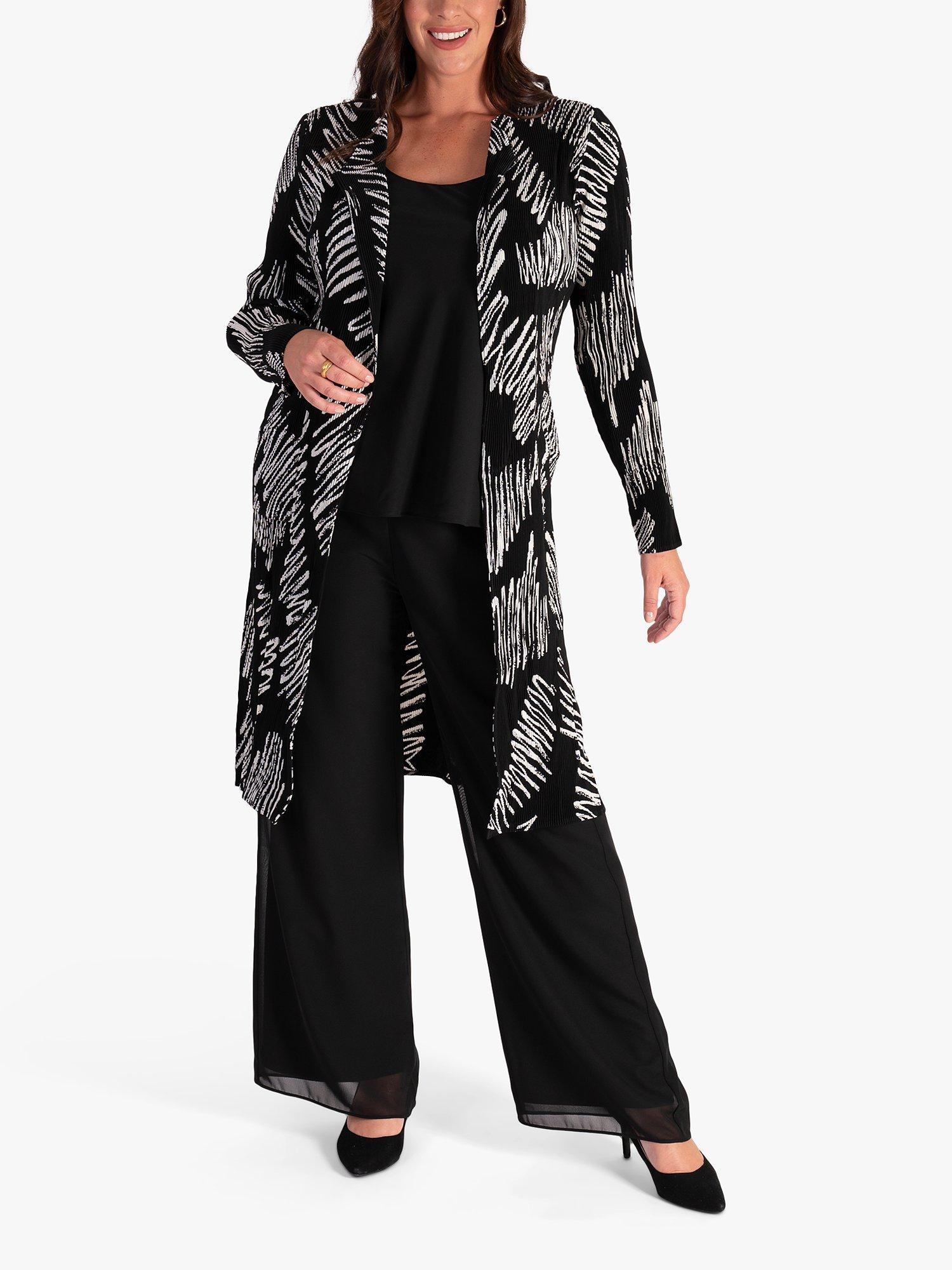 Product image 1 of 6, which shows chesca Scribble Print Longline Pleated Jacket, Black/White, 12-14