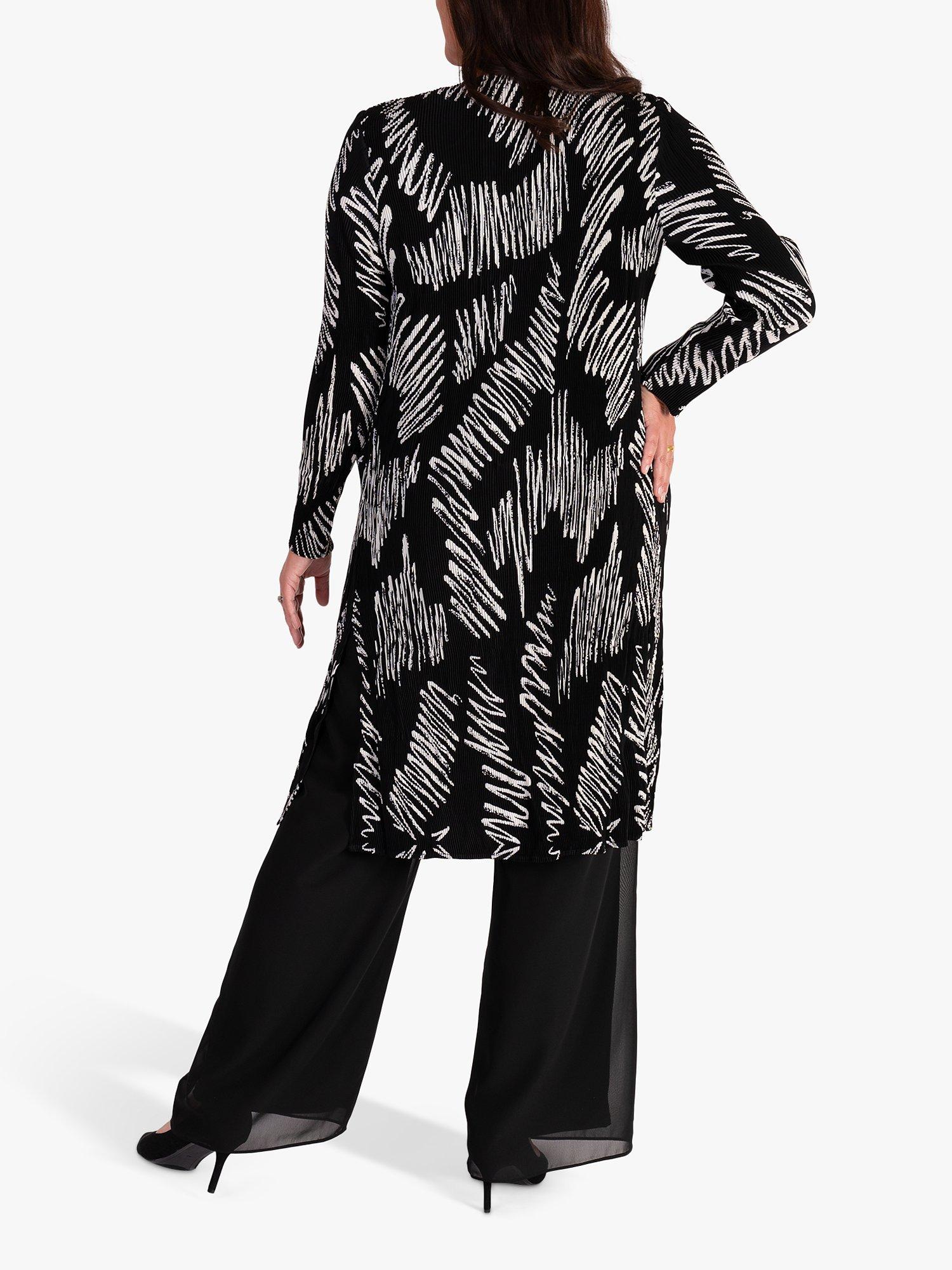 Product image 2 of 6, which shows chesca Scribble Print Longline Pleated Jacket, Black/White, 12-14