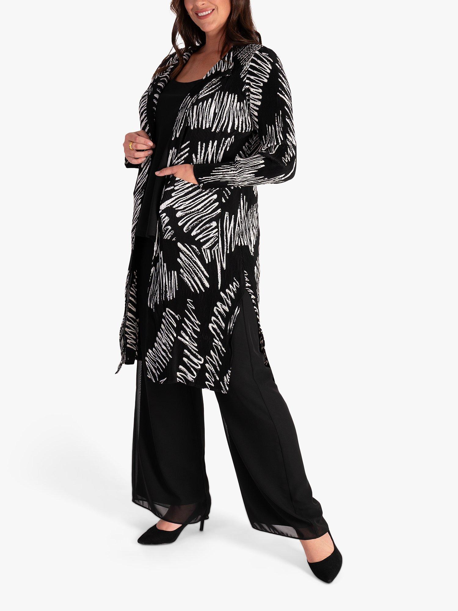 Product image 3 of 6, which shows chesca Scribble Print Longline Pleated Jacket, Black/White, 12-14