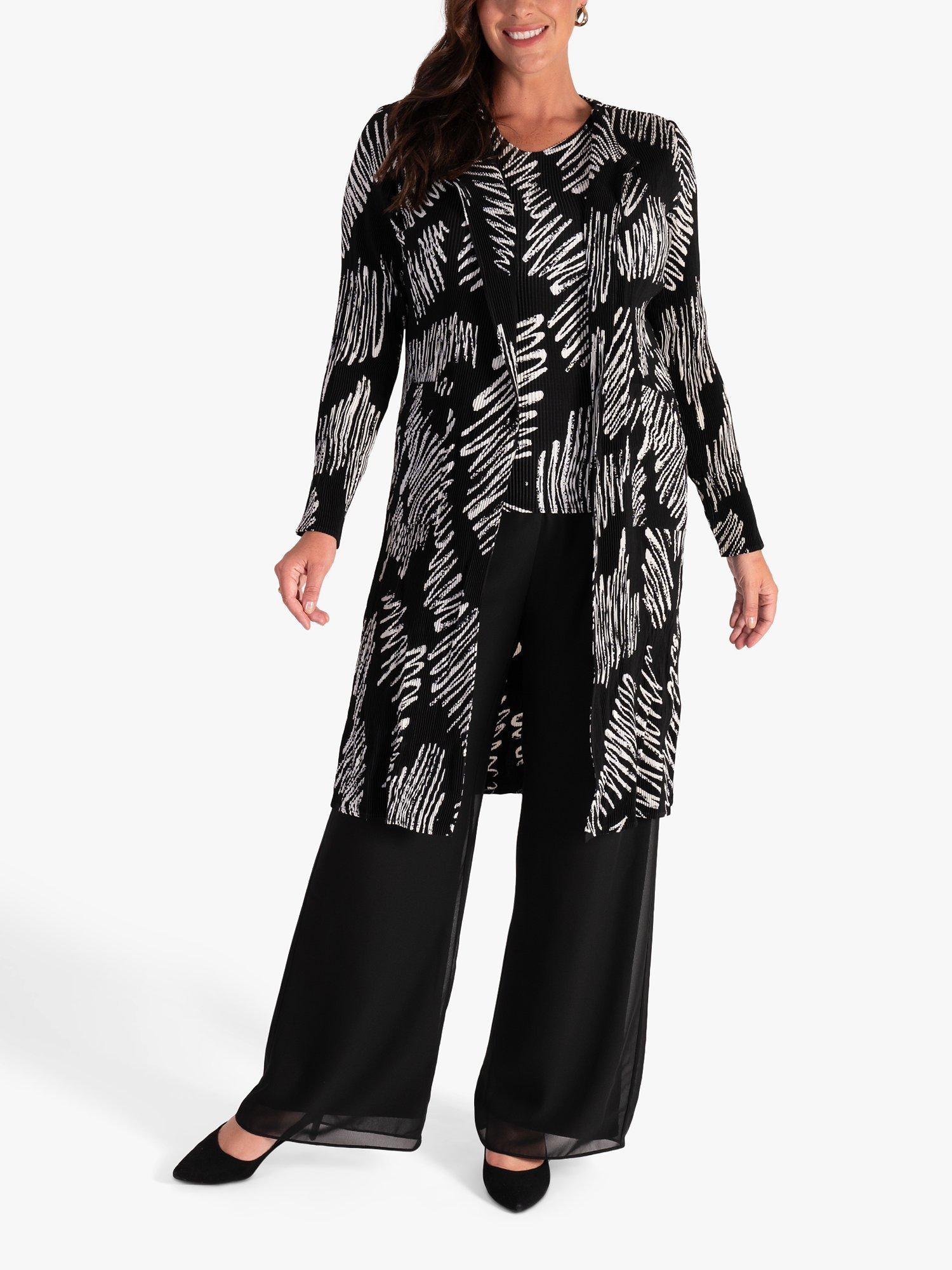 Product image 5 of 6, which shows chesca Scribble Print Longline Pleated Jacket, Black/White, 12-14
