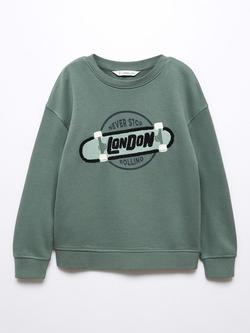 Mango Kids' Cotton London Slogan Sweatshirt, Dark Green, Dark Green