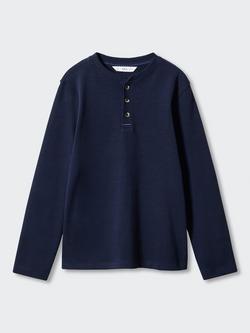 Mango Kids' Henley Buttoned Long Sleeve T-Shirt, Navy, Navy