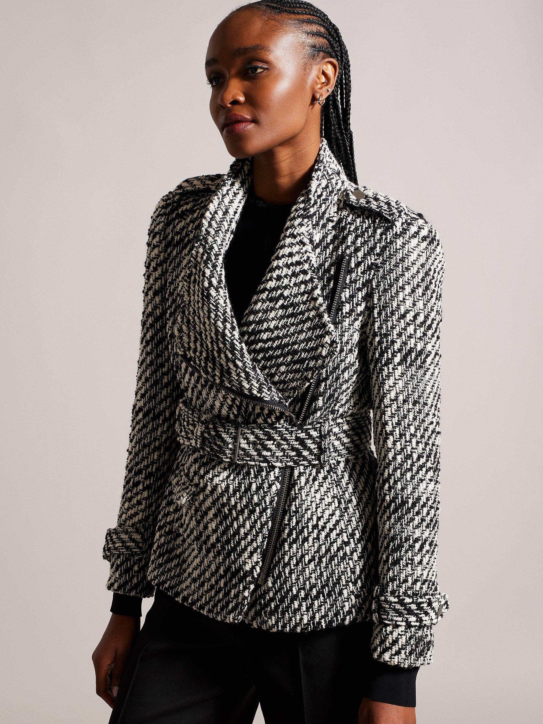 Ted Baker Roseby Boucle Belted Wrap Biker Jacket, Black/White