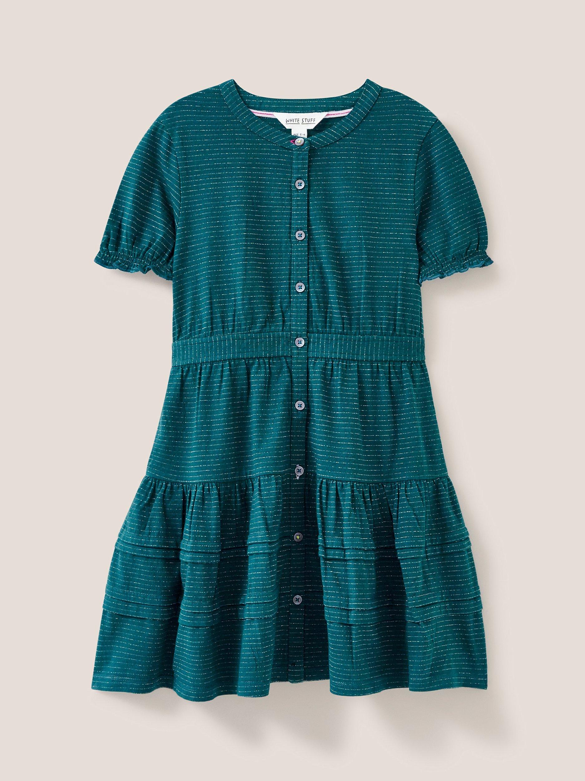 White Stuff Kids' Sparkle Jersey Tiered Dress, Dark Teal