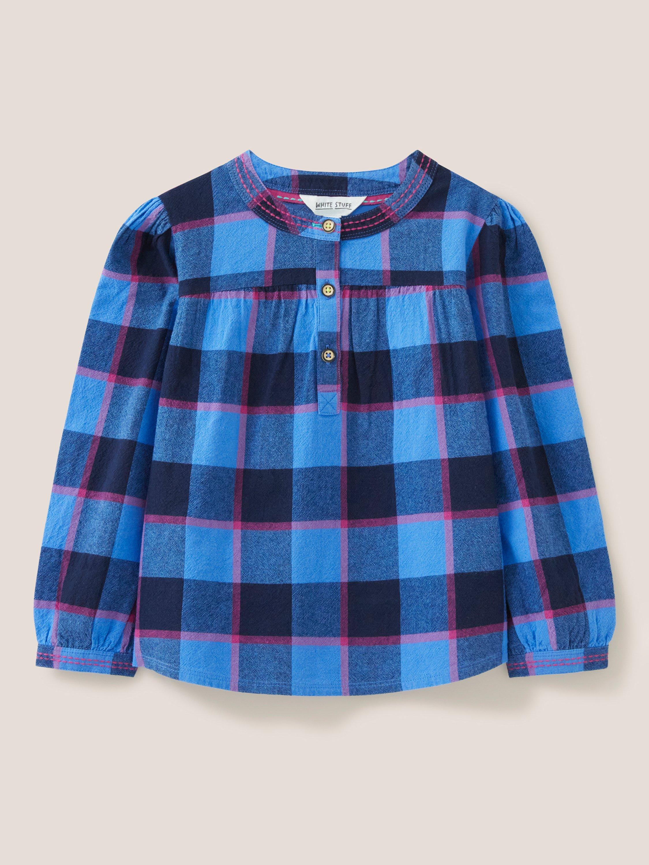 White Stuff Kids' Check Print Long Sleeve Blouse, Blue/Multi