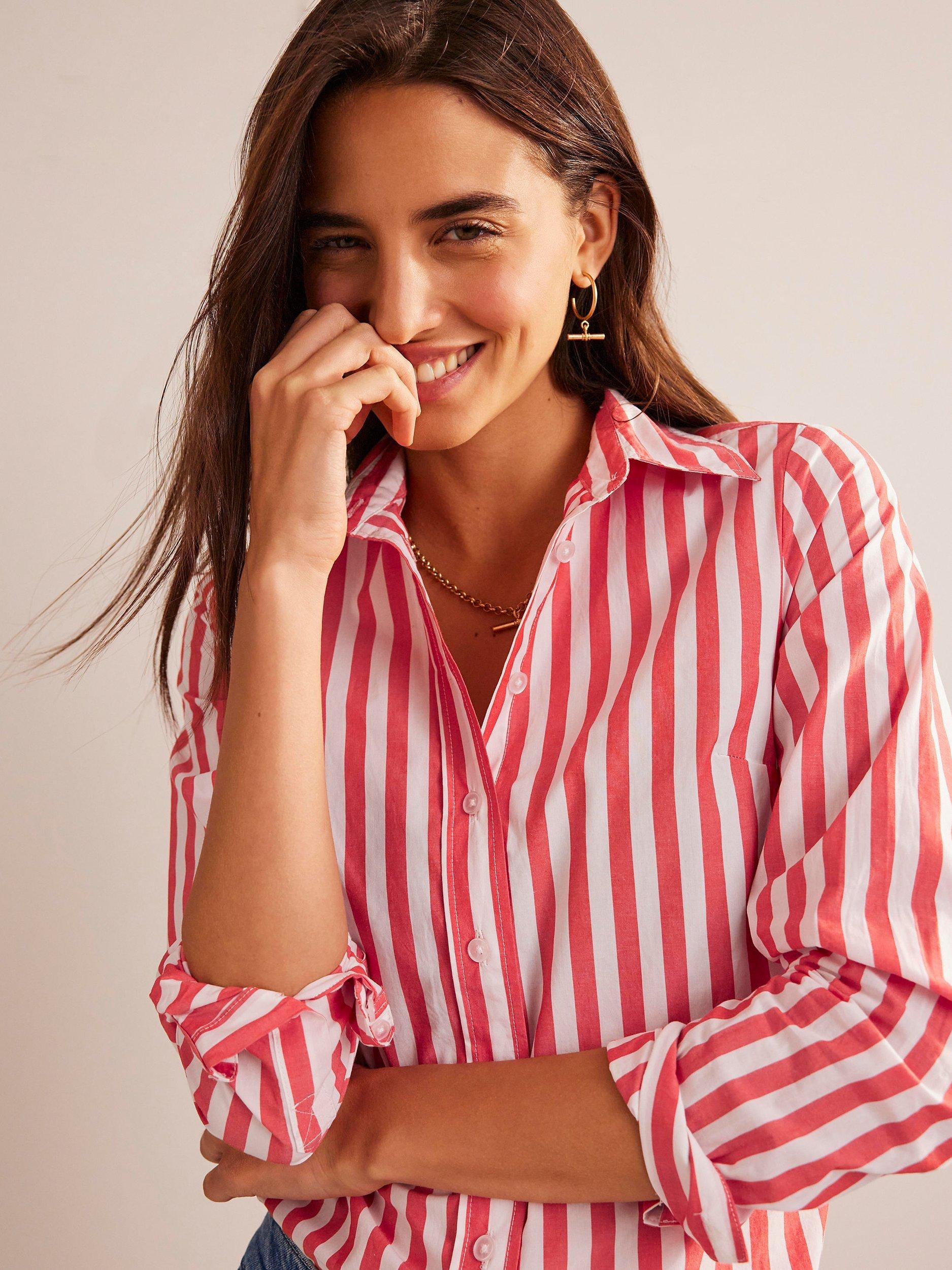 Boden Sienna Striped Cotton Shirt, Red/White