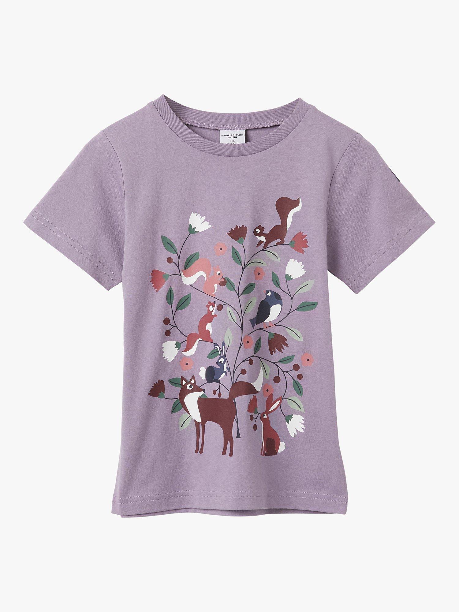 Polarn O. Pyret Kids' Organic Cotton Forest Animal Print T-Shirt, Purple