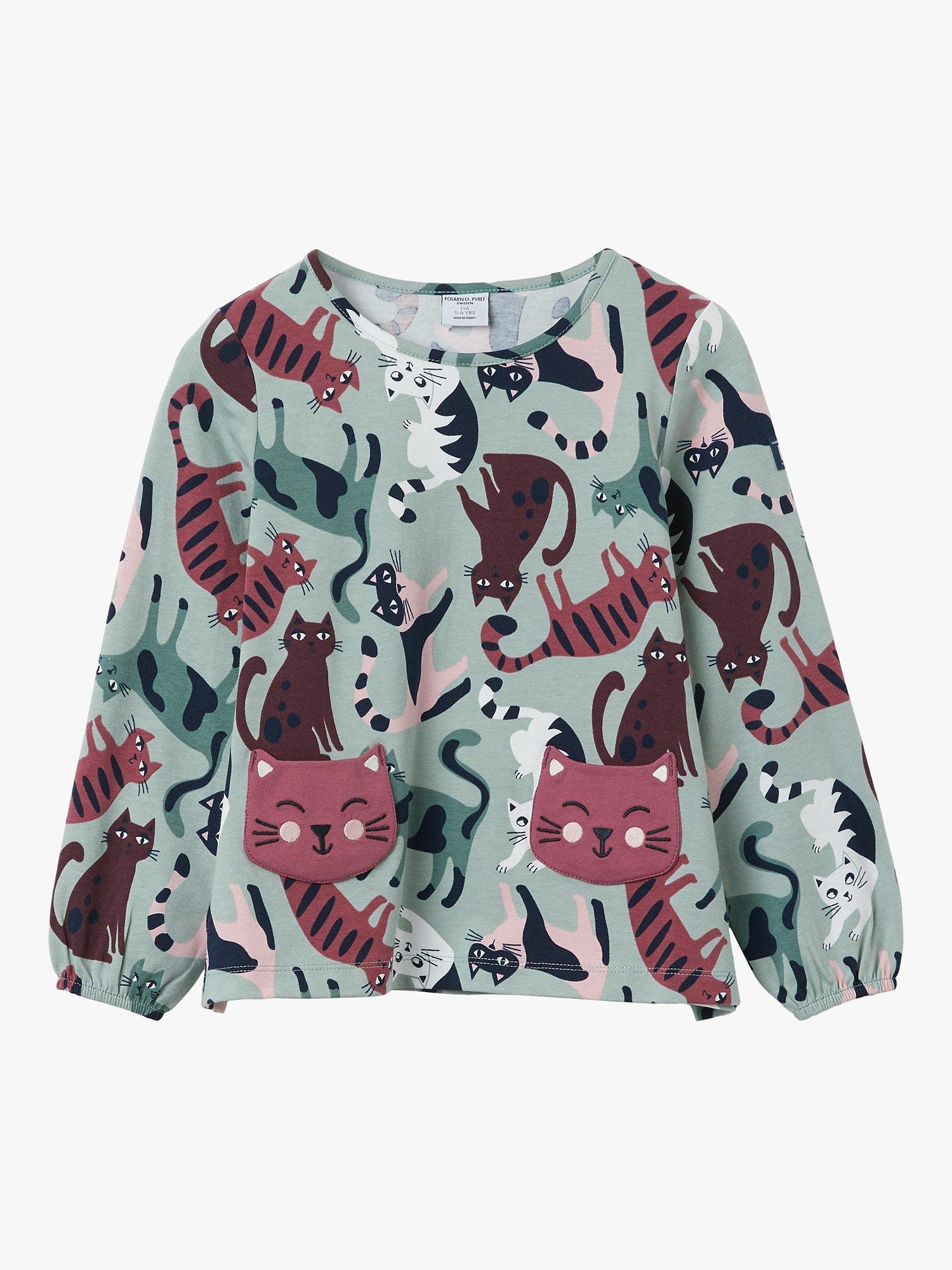 Polarn O. Pyret Kids' Organic Cotton Blend Cats Printed Top, Green