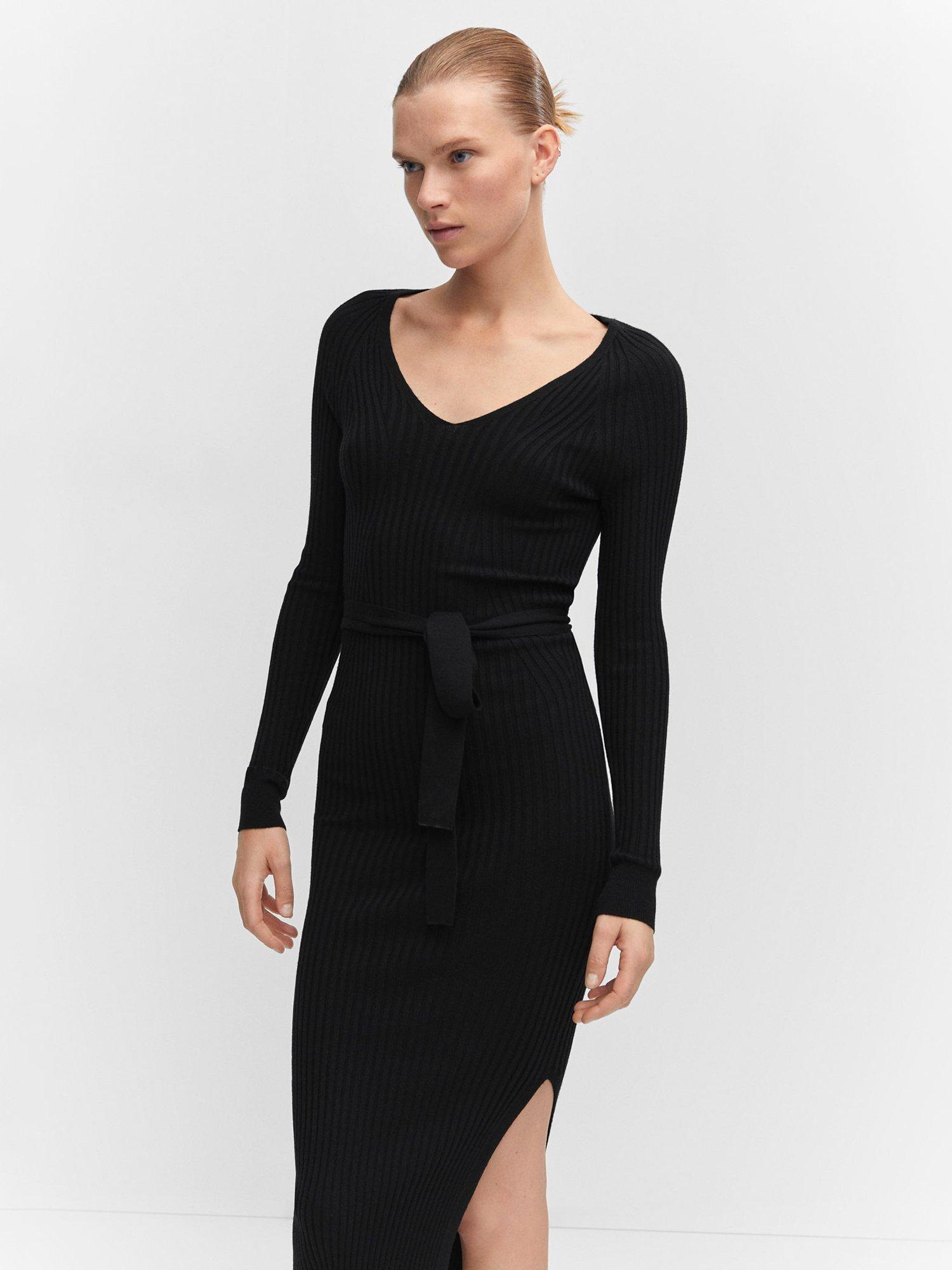 Mango Goletabs Knitted Belted Bodycon Midi Dress, Black