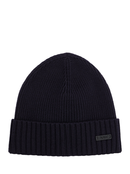 BOSS Fati Ribbed Knit Wool Beanie Hat - view 2, Dark Blue