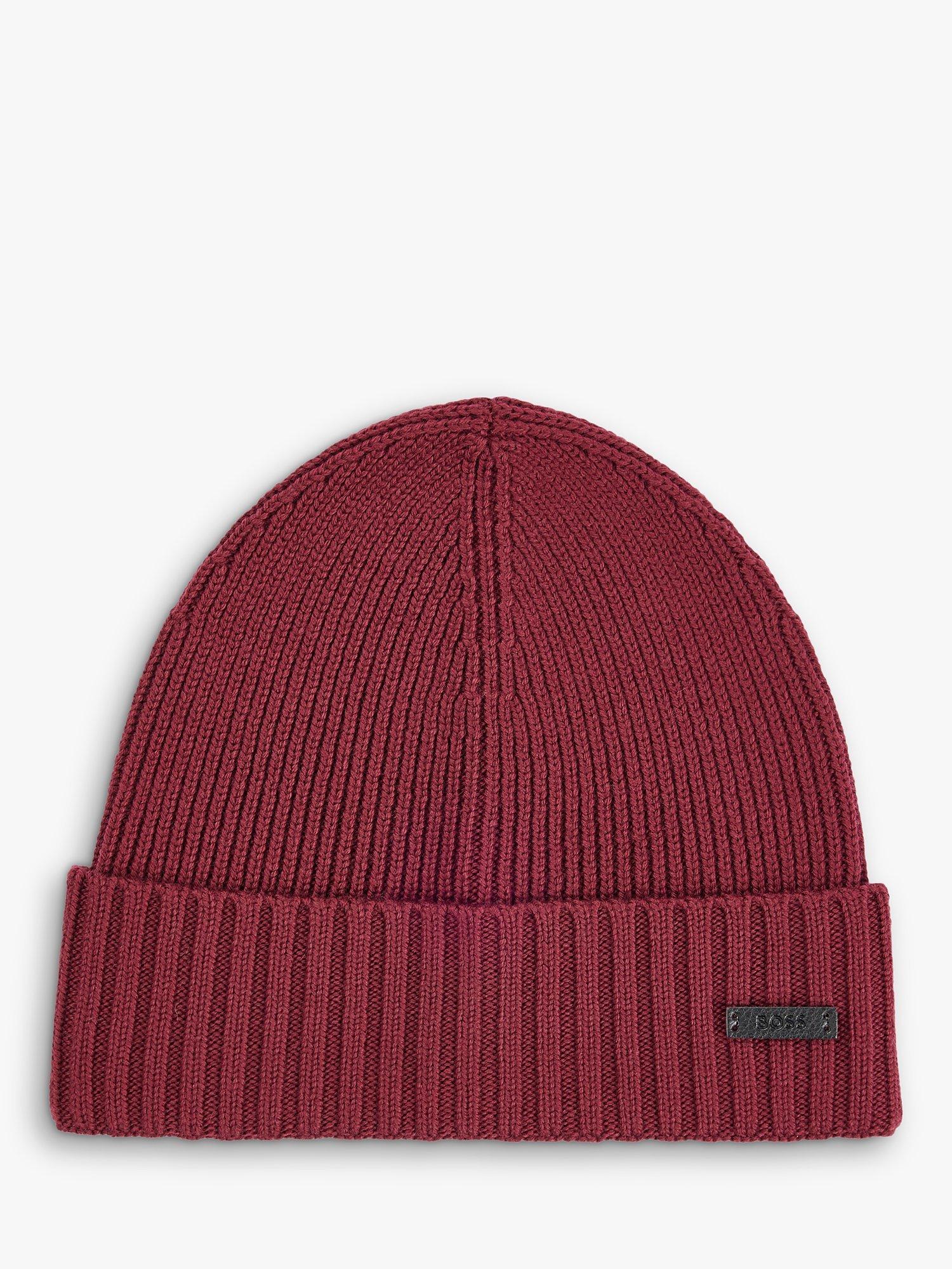 BOSS Fati Ribbed Knit Wool Beanie Hat, Dark Red, One Size
