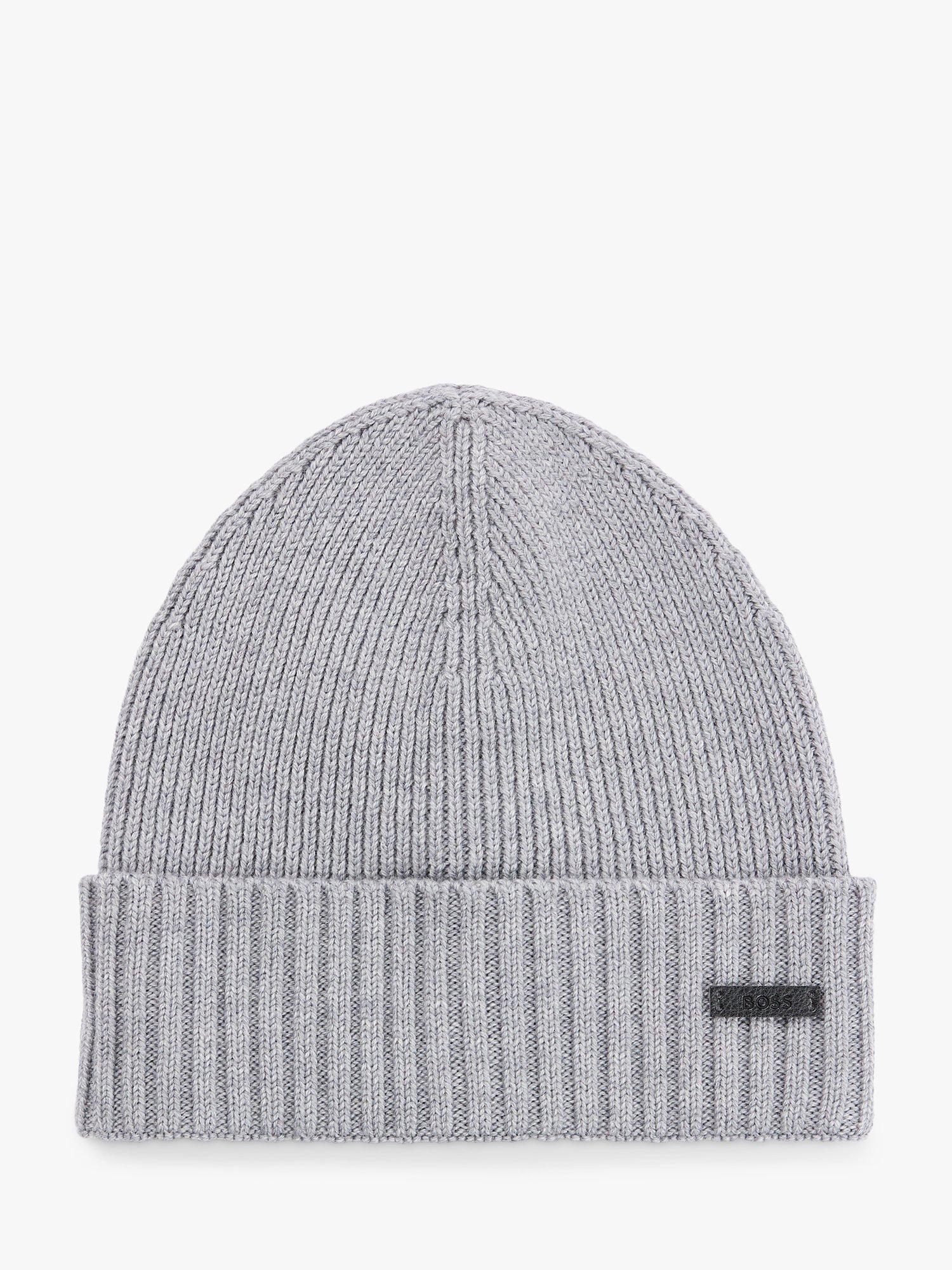 BOSS Fati Ribbed Knit Wool Beanie Hat, Silver, One Size