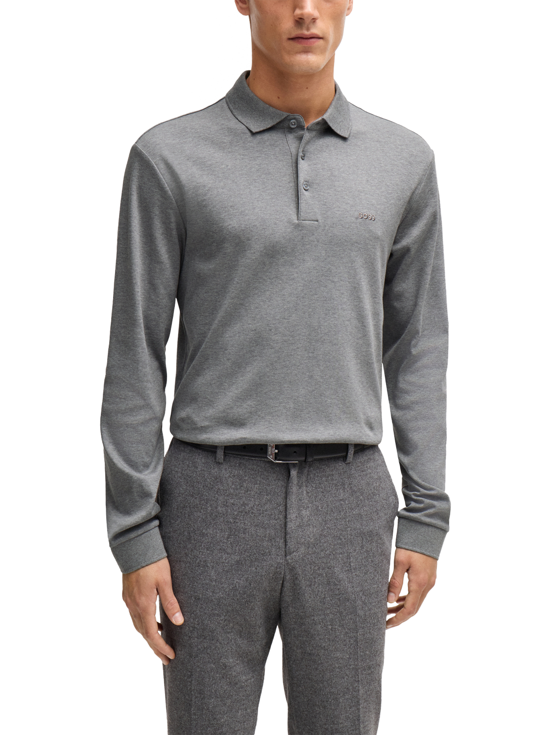 BOSS Pado 30 Regular Fit Long Sleeve Polo Shirt Medium Grey