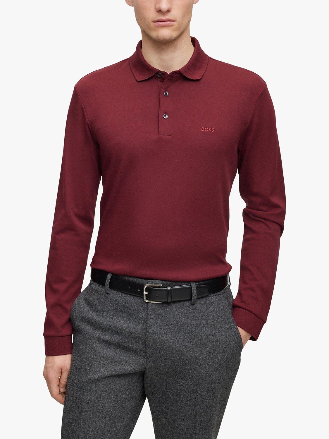 BOSS Pado 30 Regular Fit Long Sleeve Polo Shirt, Dark Red