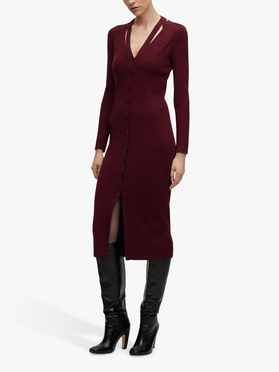 BOSS Facene Rib Knit Bodycon Midi Dress, Dark Red