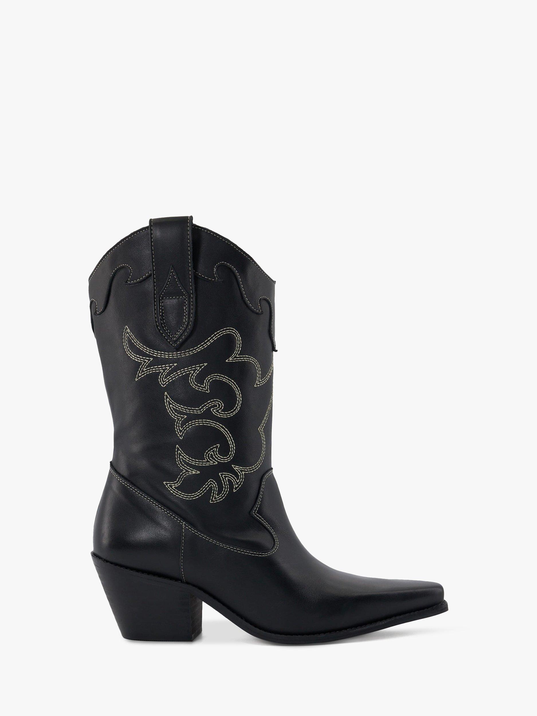 Dune Prickly Leather Cowboy Boots Black leather