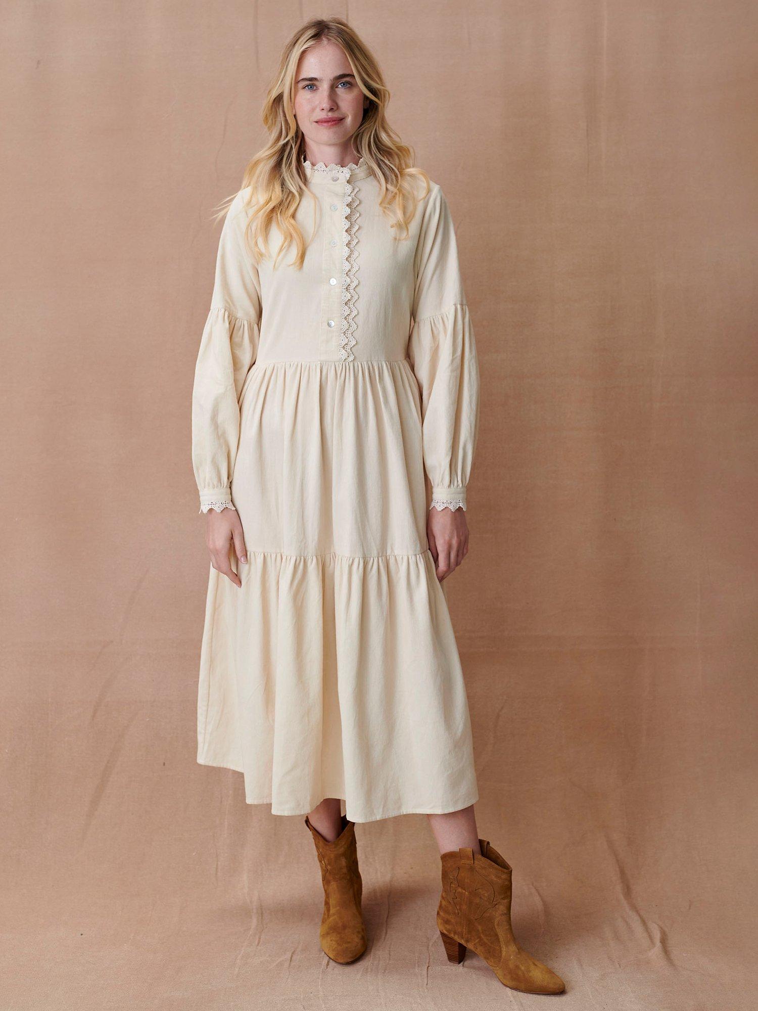 Cape Cove Corduroy Tiered Midi Dress, Ecru