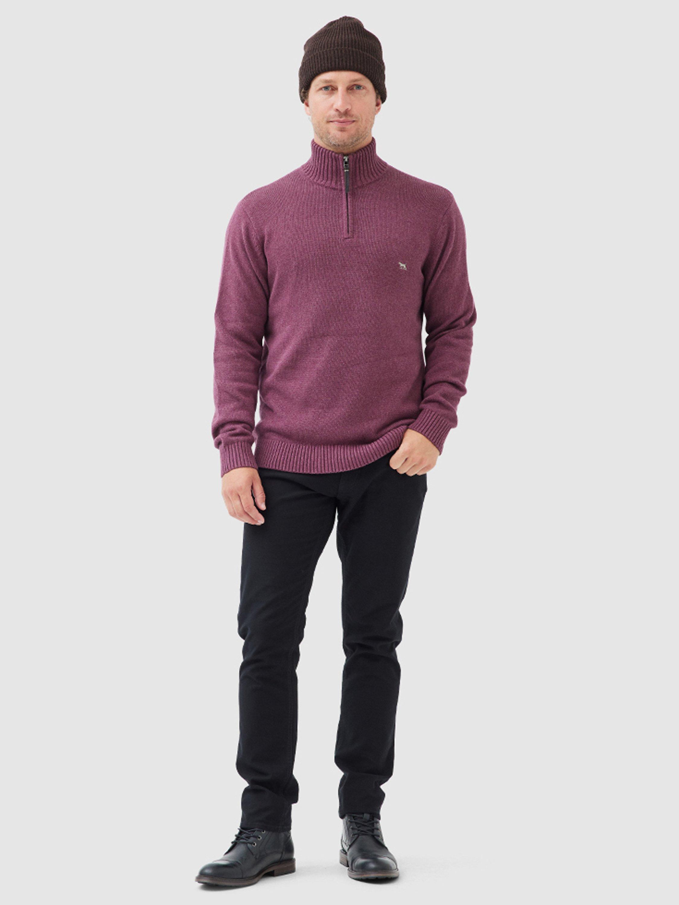 Product image 2 of 5, which shows Rodd & Gunn Merrick Bay Knitted Cotton Quarter Zip Neck Jumper, Cranberry, XS