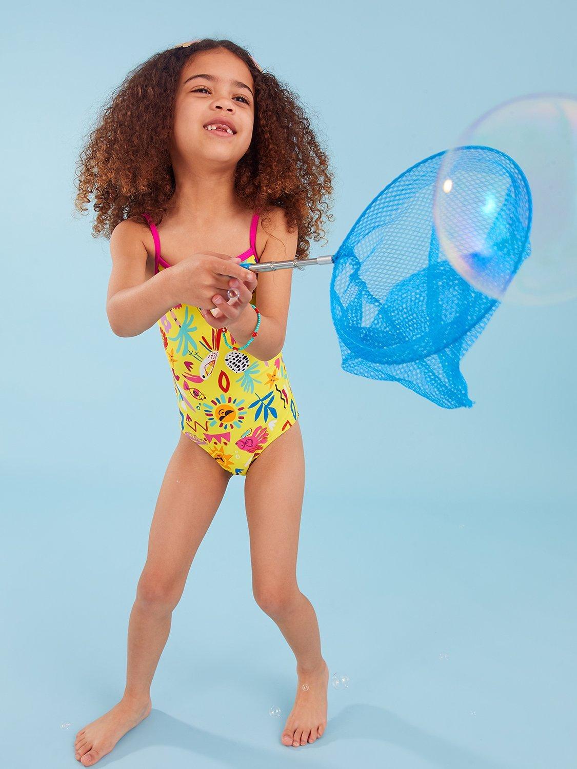 Product image 1 of 4, which shows Angels by Accessorize Kids' Sunshine Print Swimsuit, Yellow/Multi, 5-6 years
