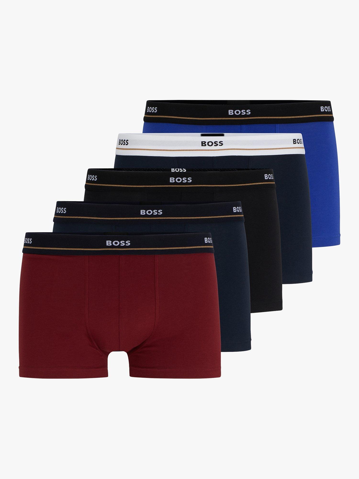 HUGO BOSS BOSS Essential Cotton Blend Logo Waistband Trunks, Pack of 5, Red/Blue/Black