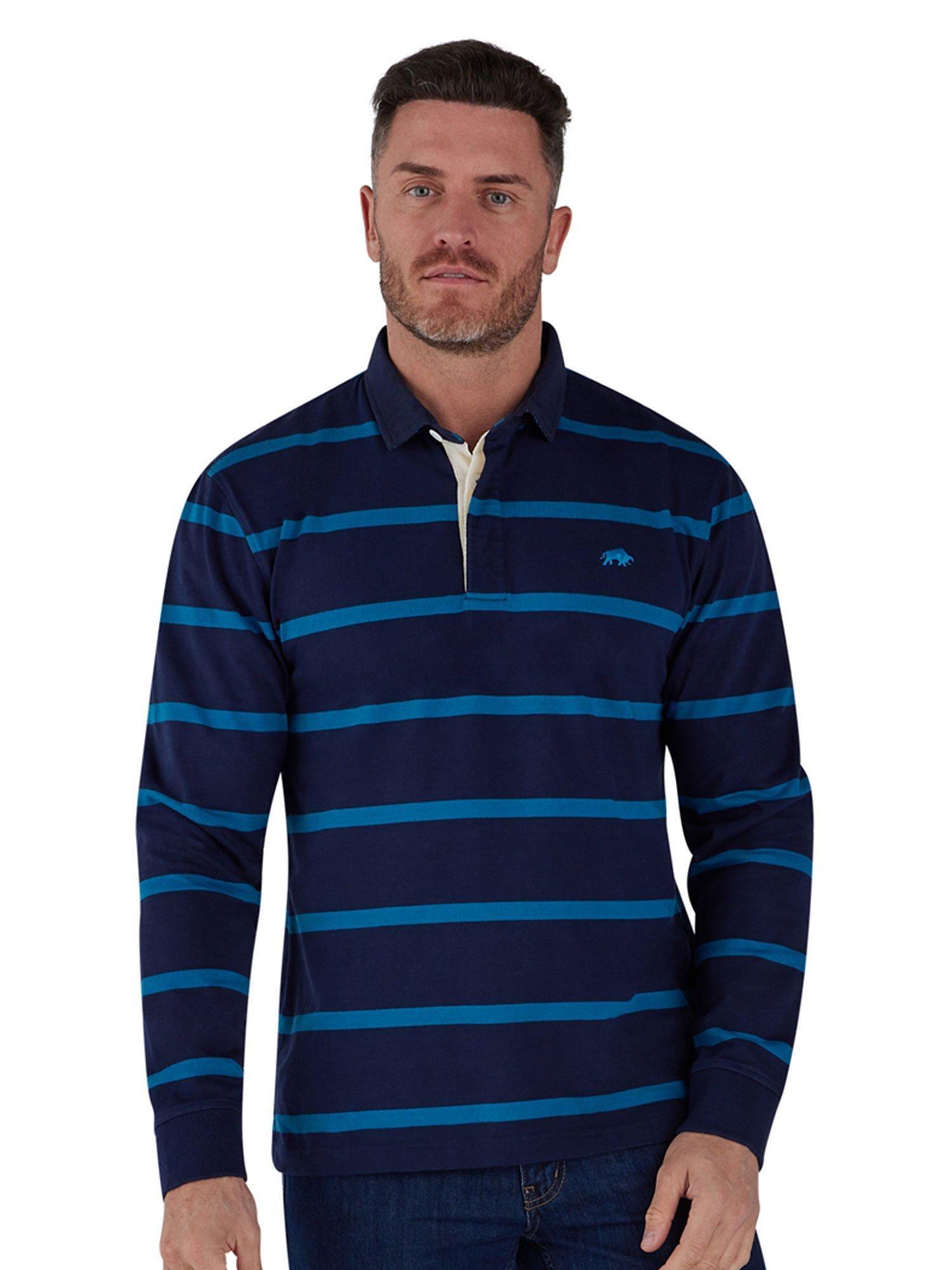 Raging Bull Long Sleeve Fine Stripe Rugby Top, Blue