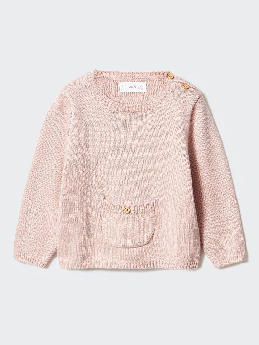 Product image 1 of 4, which shows Mango Baby May Knitted Pocket Detail Jumper, Pink, 18-24 months