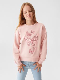 Mango Kids' Dublini Butterfly Print Sweatshirt, Pink, Pink