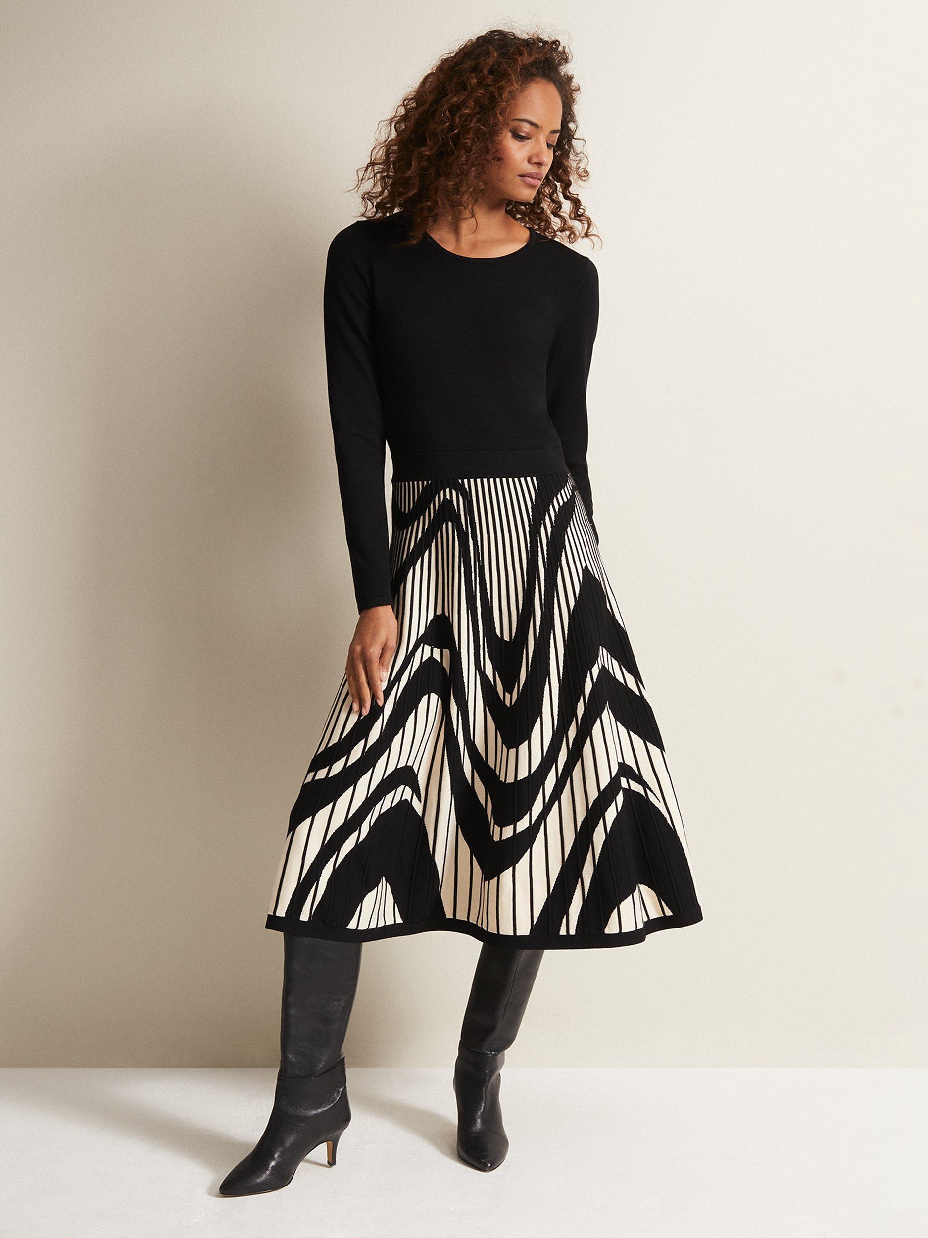 Product image 1 of 7, which shows Phase Eight Silvia Abstract Print Knit Dress, Black/Ivory, 10