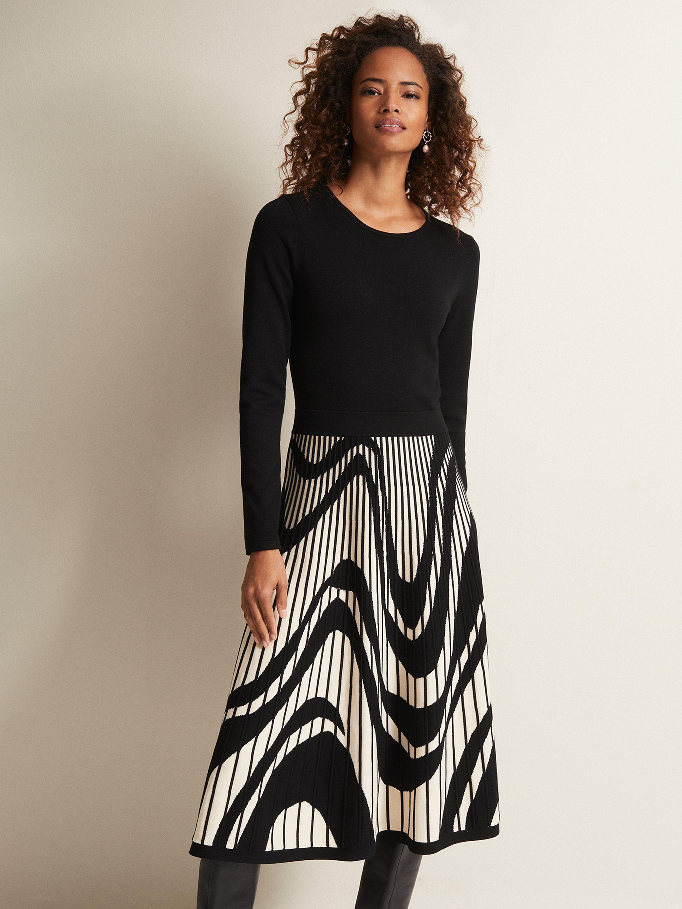 Product image 3 of 7, which shows Phase Eight Silvia Abstract Print Knit Dress, Black/Ivory, 10