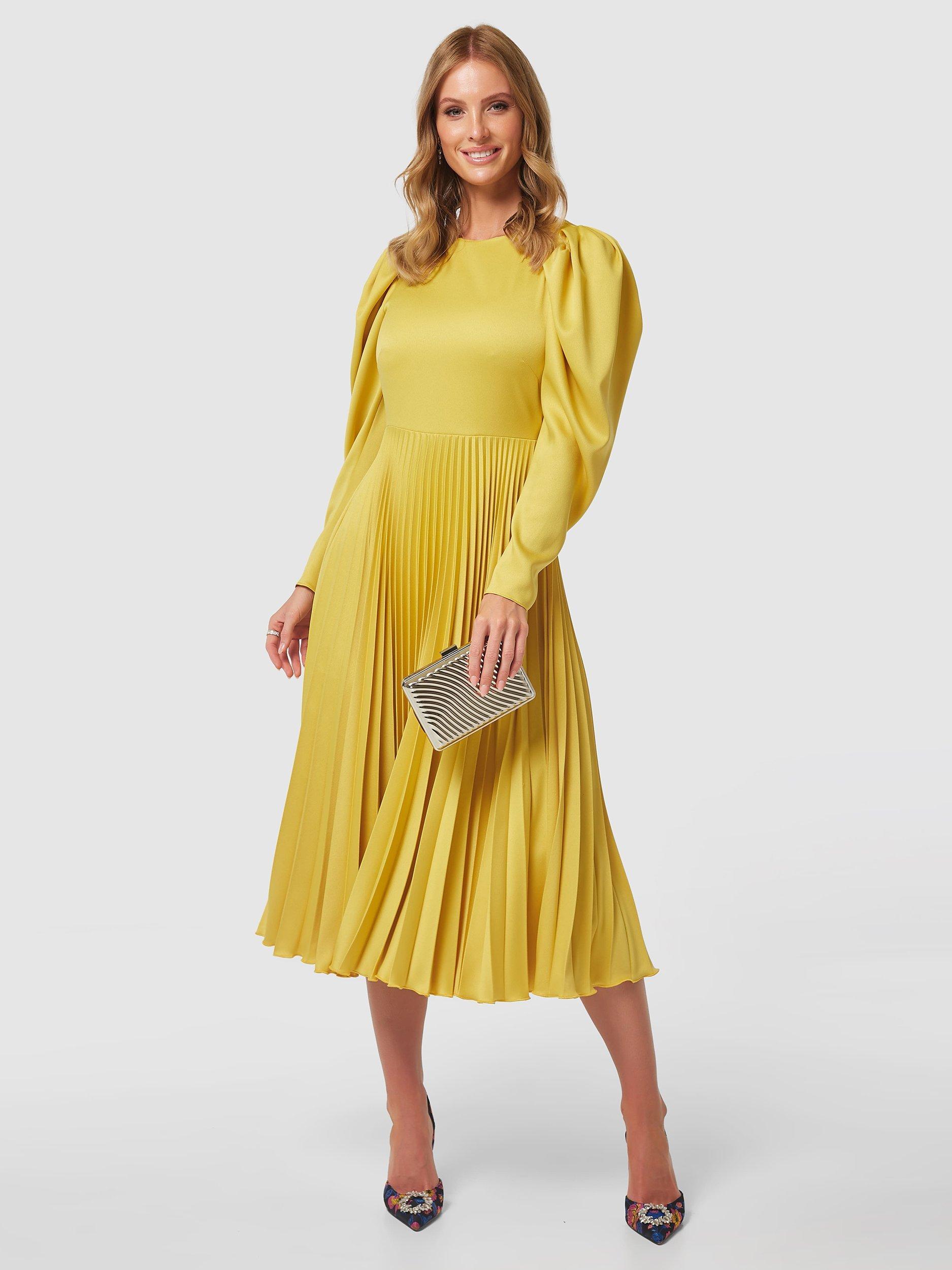 Closet London Pleated Puff Sleeve Midi Dress Yellow