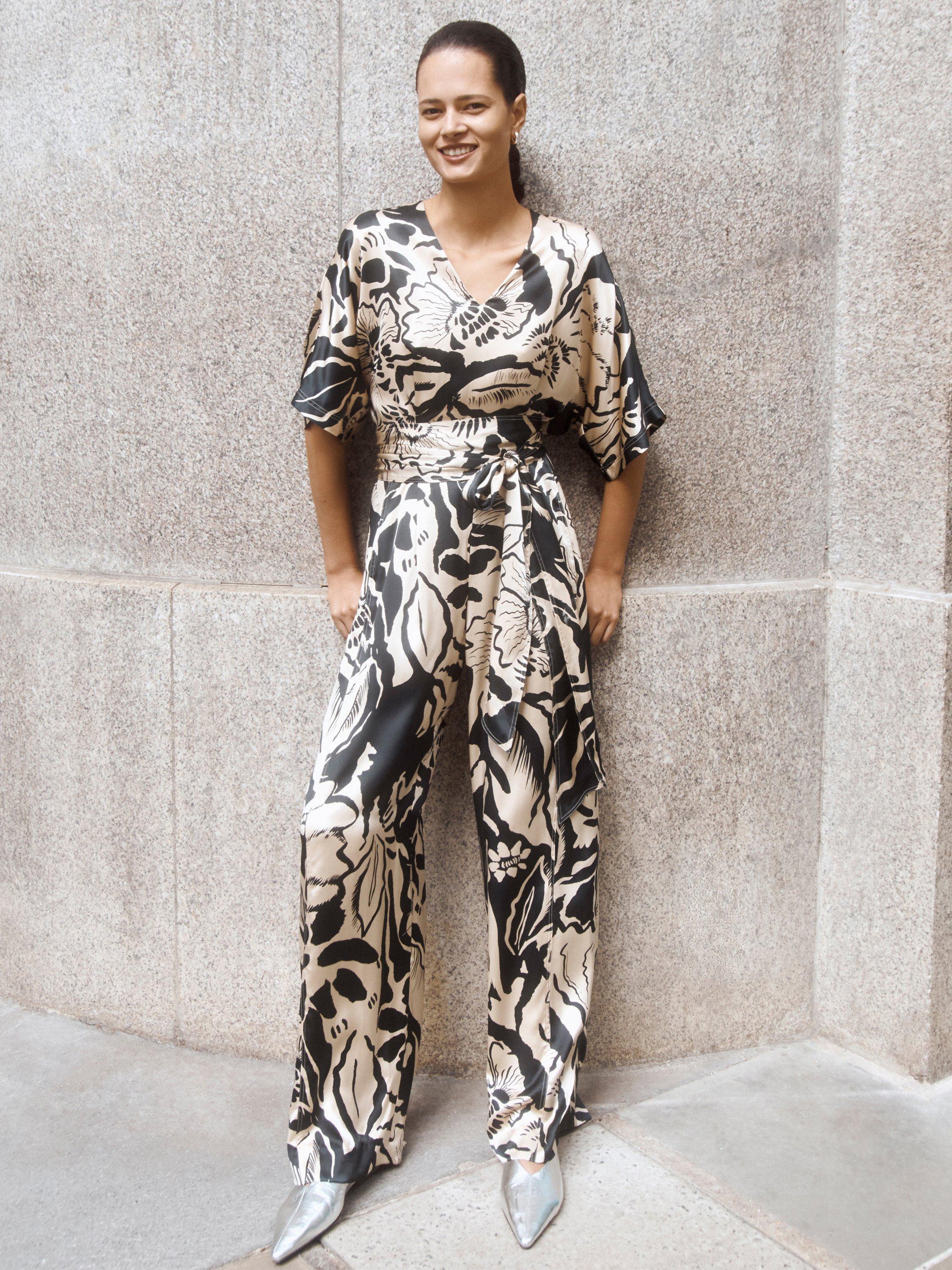 Jigsaw Strokes Floral Silk Jumpsuit, Beige/Black