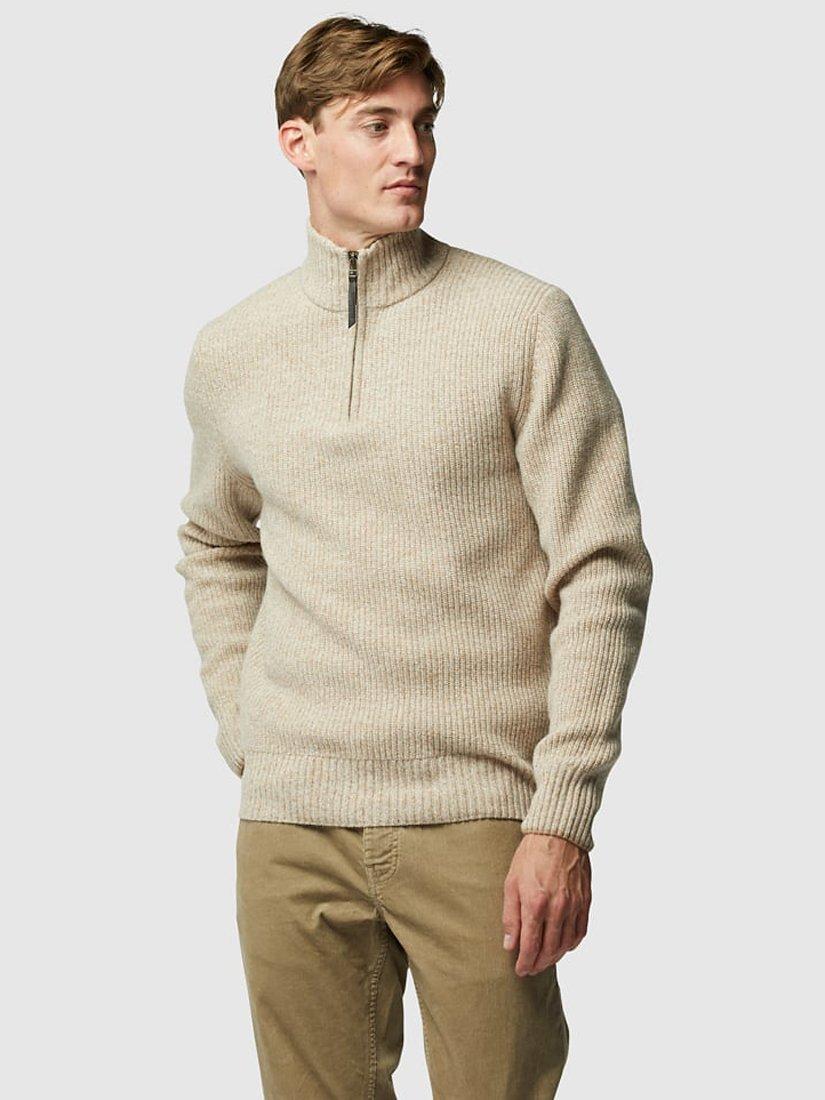 Product image 1 of 5, which shows Rodd & Gunn Robbies Road Lambswool Quarter Zip Neck Jumper, Sand, XS