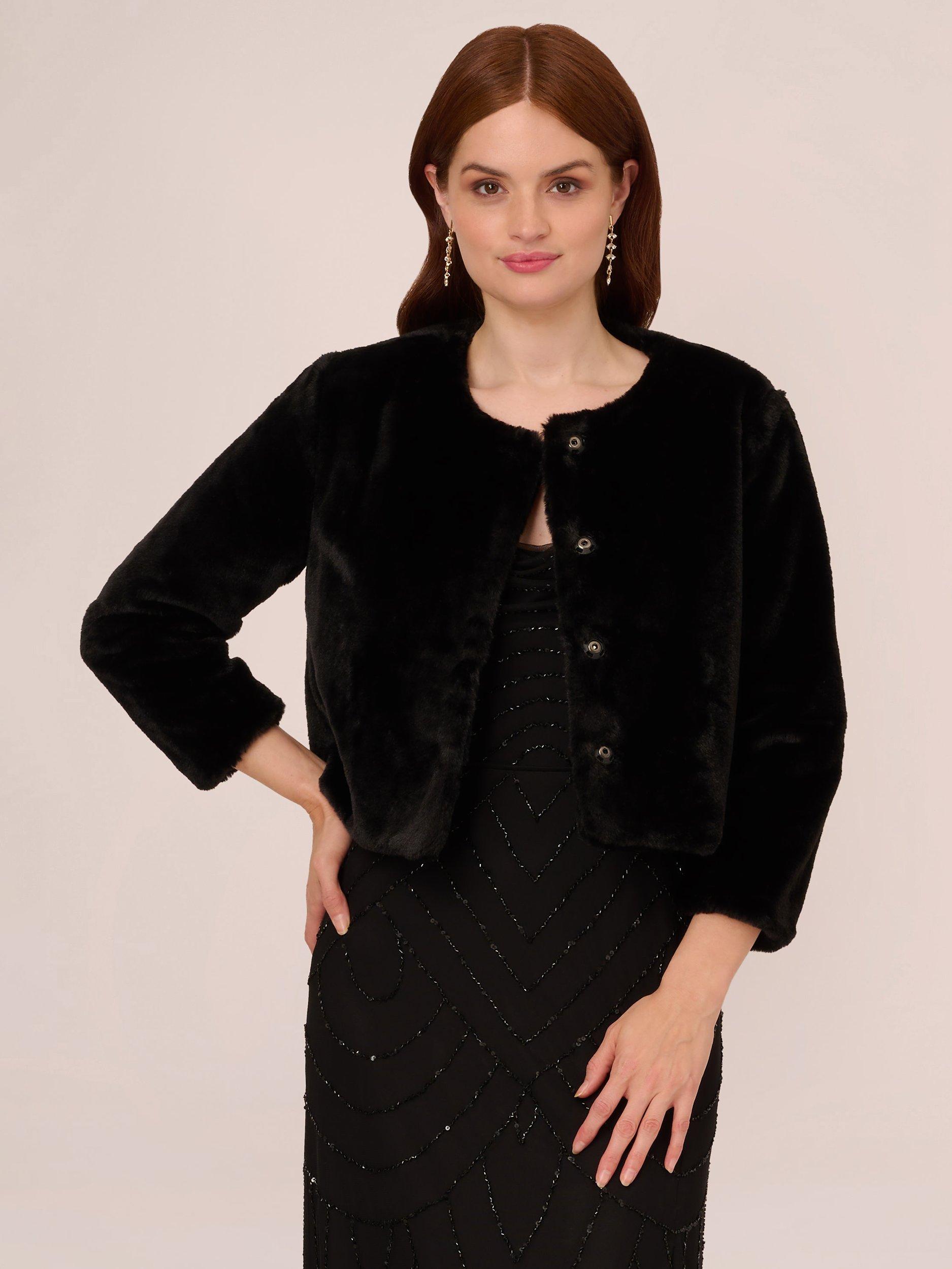 Adrianna Papell 3 4 Sleeve Faux Fur Jacket Black