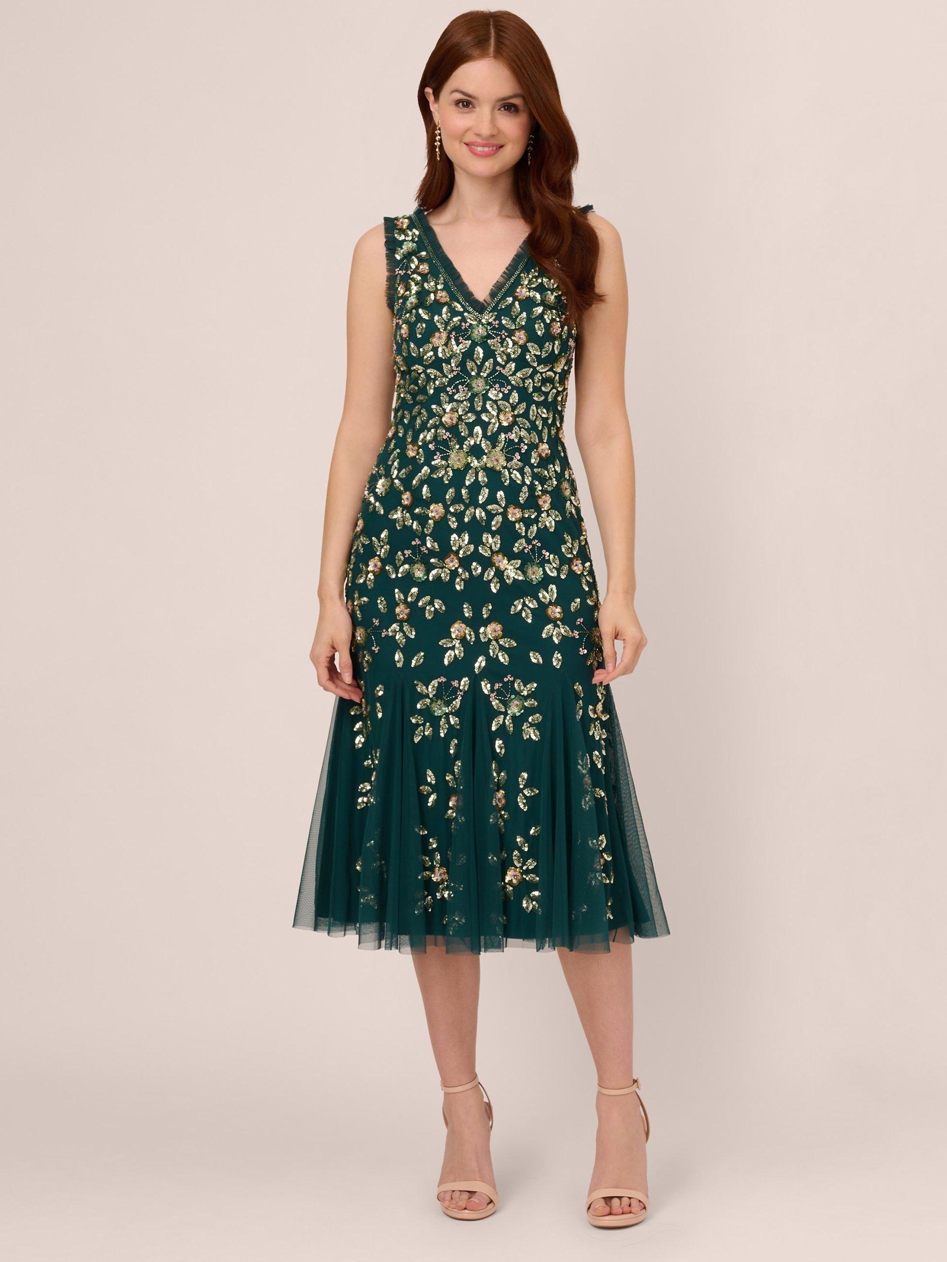 Adrianna Papell Midi Ruffle Beaded Dress Gem Green