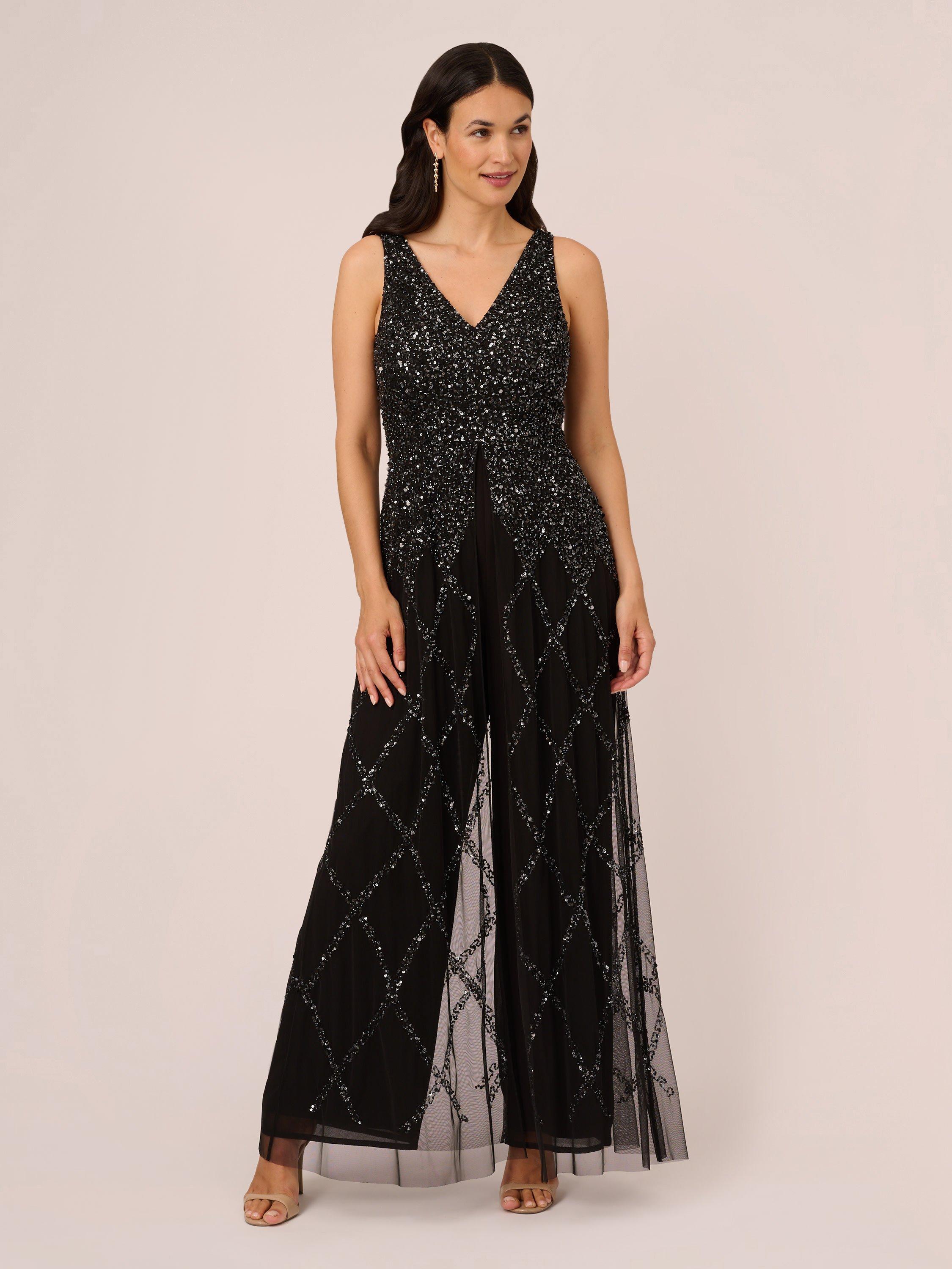Adrianna Papell Beaded Georgette Wide Leg Jumpsuit, Black