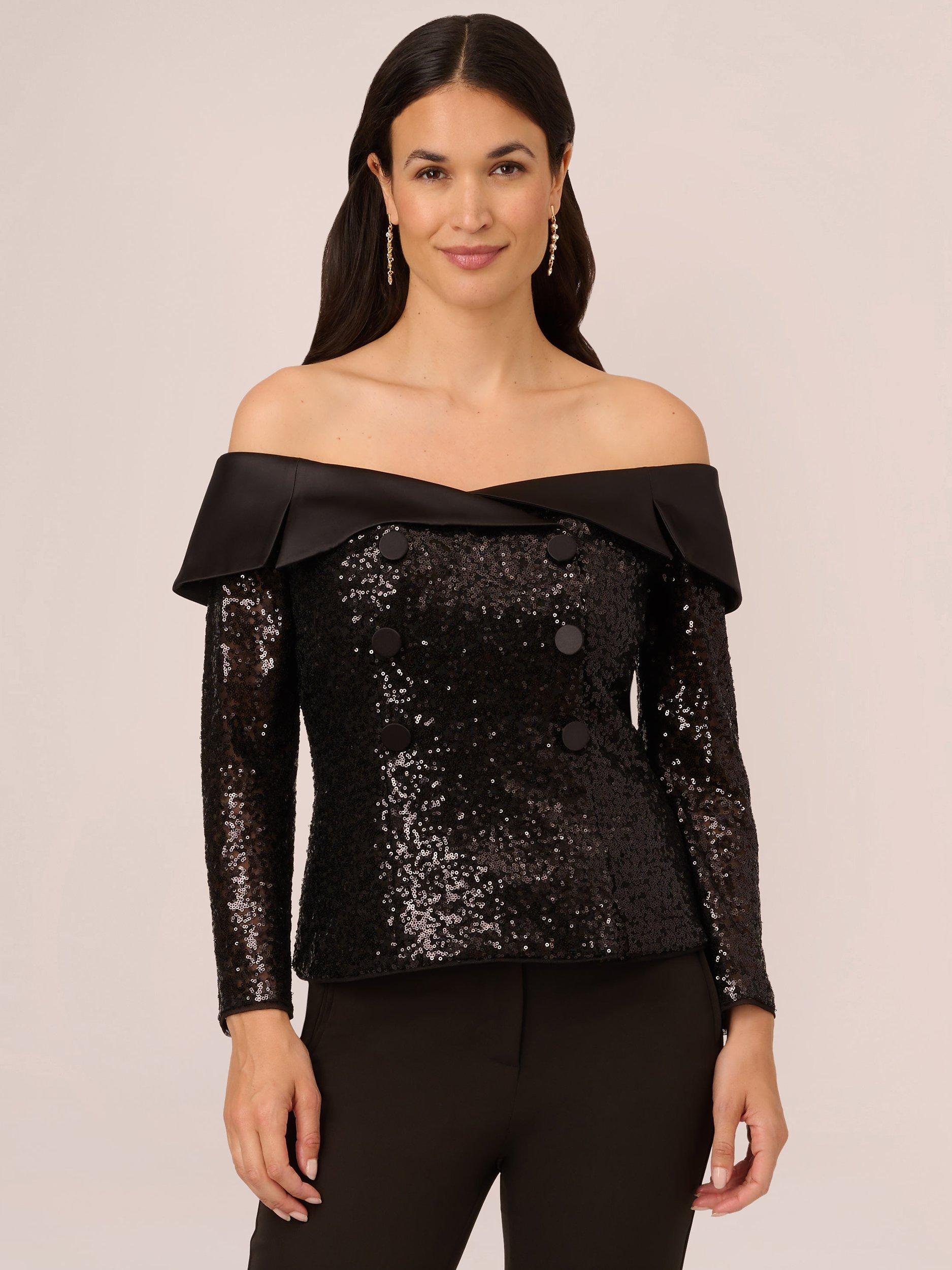 Adrianna Papell Papell Studio Sequin Tuxedo Top, Black