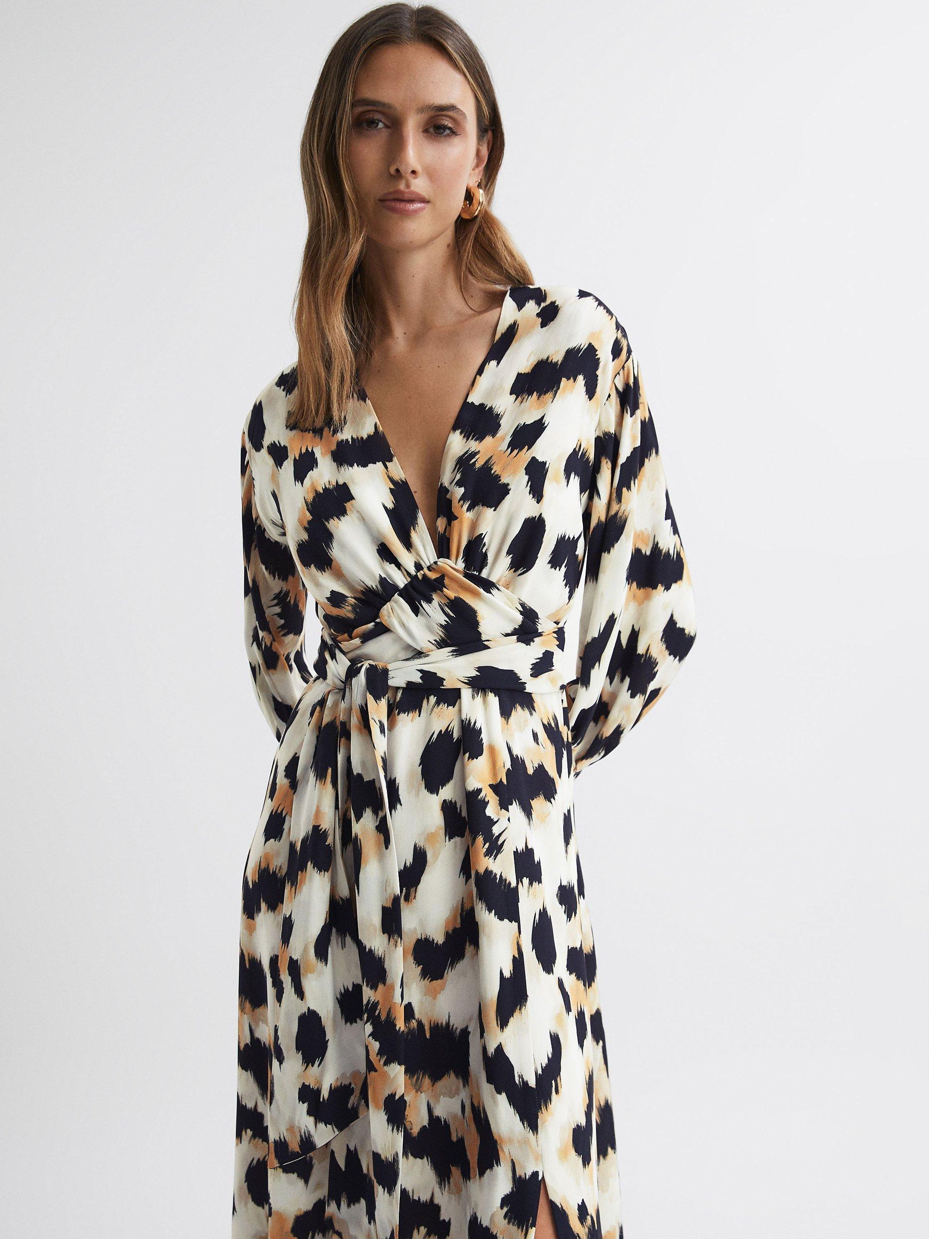 Reiss Marie Animal Print Front Slip Midi Dress, Black/White