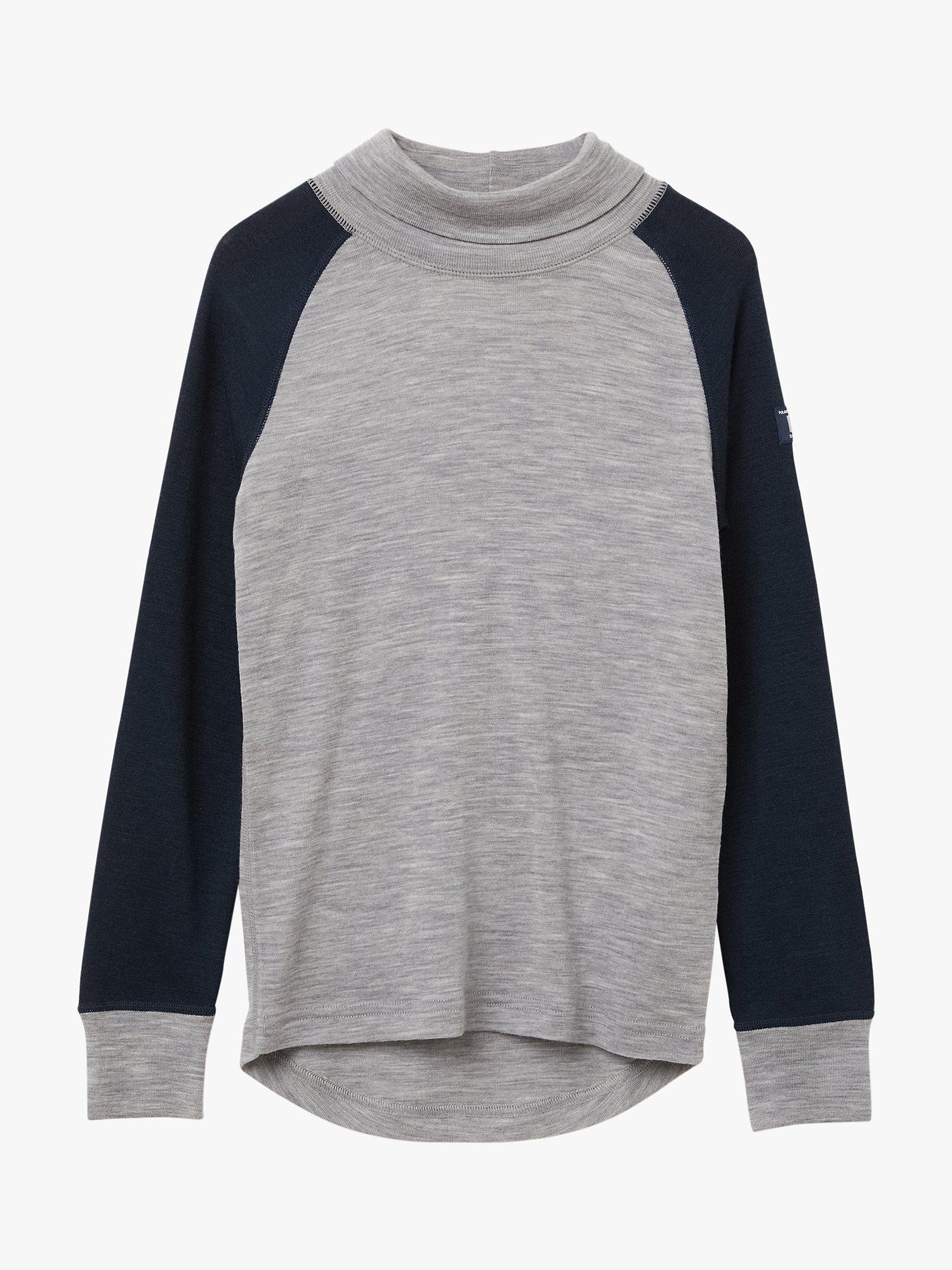 Product image 1 of 3, which shows Polarn O. Pyret Kids' Thermal Fine Knit Merino Wool Top, Blue/Grey, 6-12 months