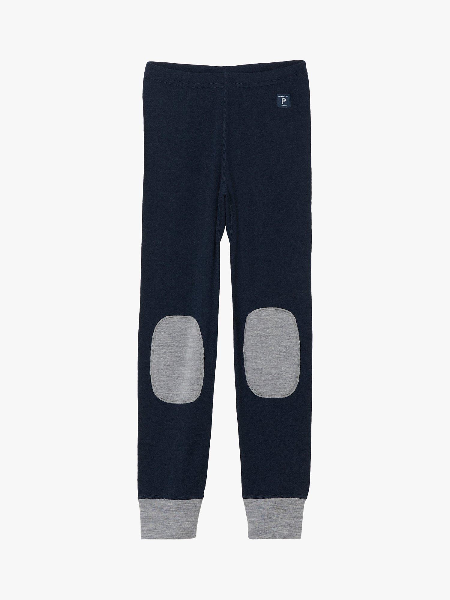 Product image 1 of 3, which shows Polarn O. Pyret Kids' Merino Wool Contrast Knee Trousers, Blue/Grey, 6-12 months