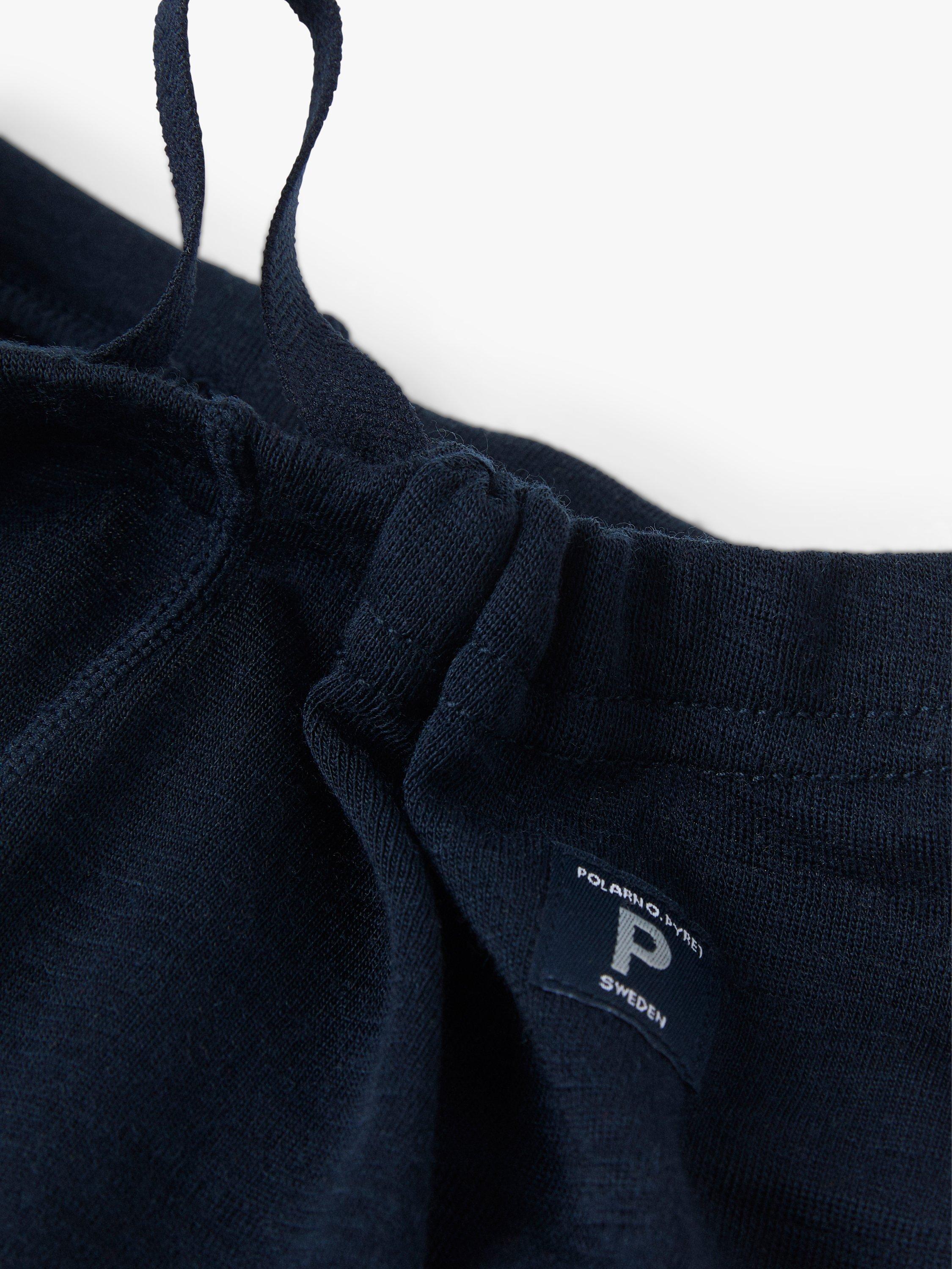 Product image 2 of 3, which shows Polarn O. Pyret Kids' Merino Wool Contrast Knee Trousers, Blue/Grey, 6-12 months