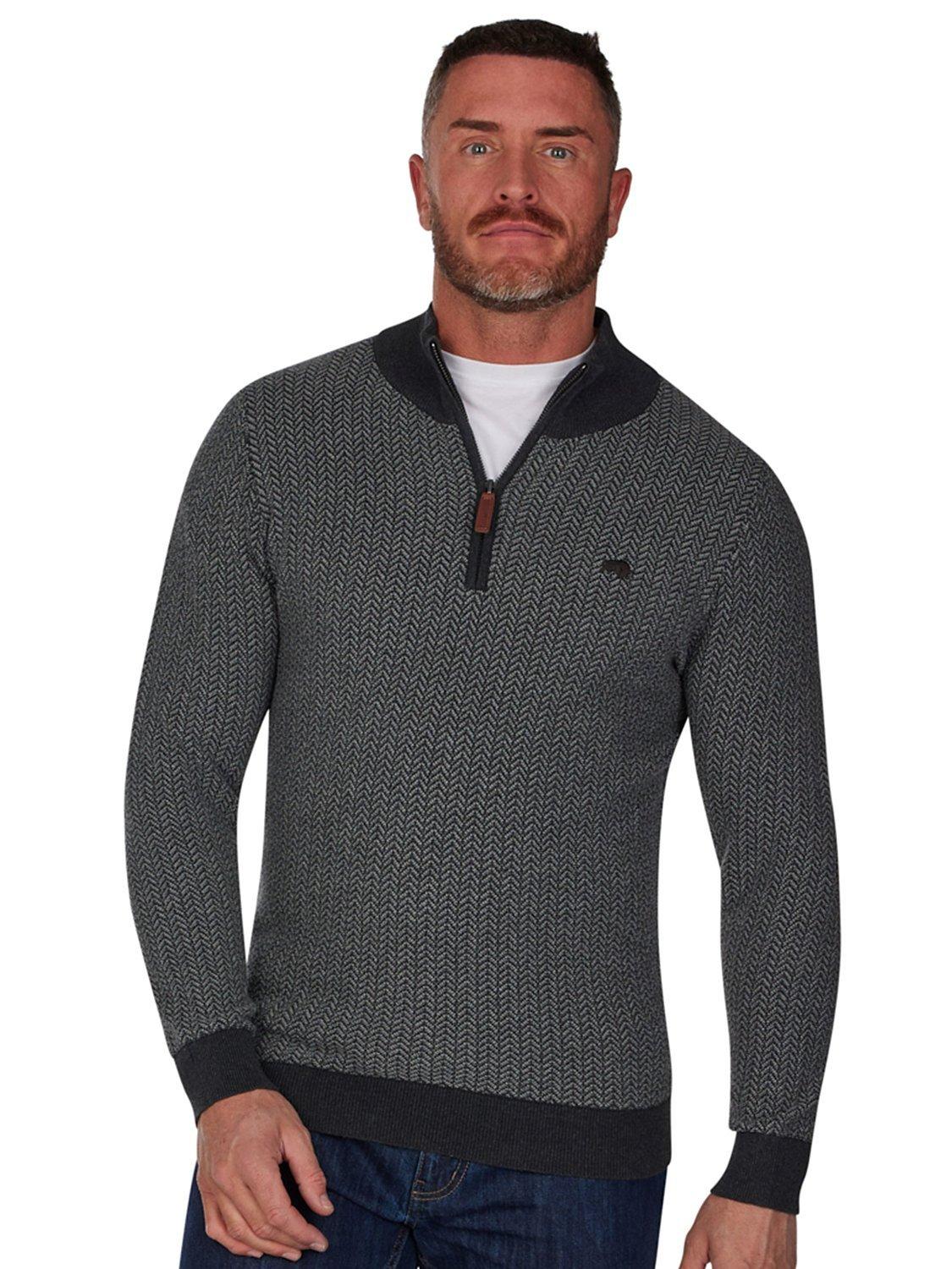 Raging Bull Herringbone Texture Quarter Zip Knit Jumper, Grey
