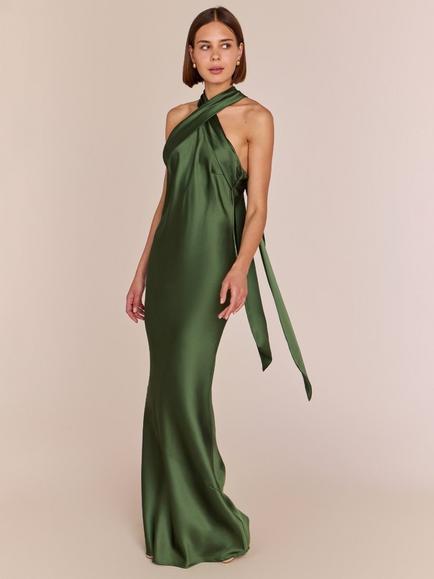 Rewritten Roma Halterneck Satin Maxi Bridesmaid Dress - view 2, Olive Green