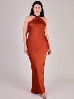 Rewritten Roma Halterneck Satin Maxi Dress, Burnt Orange