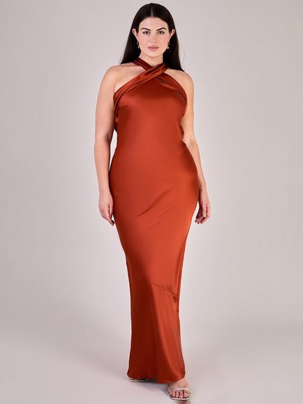 Rewritten Roma Halterneck Satin Maxi Bridesmaid Dress, Burnt Orange