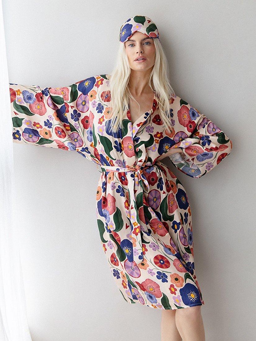 Product image 1 of 6, which shows Rewritten Fiorello Abstract Floral Print Kimono Robe, Pink/Multi, One Size