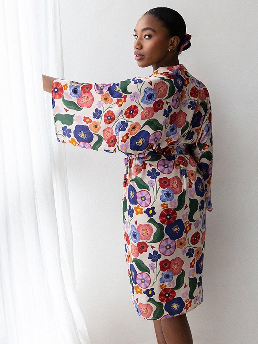 Product image 5 of 6, which shows Rewritten Fiorello Abstract Floral Print Kimono Robe, Pink/Multi, One Size