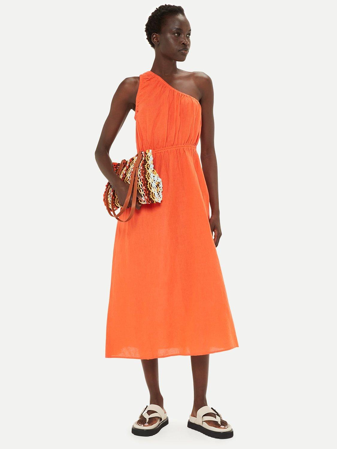 Whistles Plain Asymmetric Linen Blend Midi Dress Orange