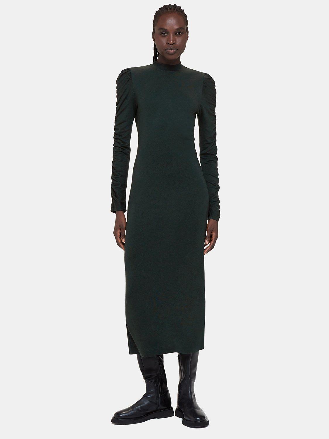 Product image 1 of 5, which shows Whistles Ruched Sleeve Jersey Midi Dress, Dark Green, 6
